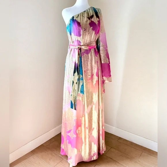 Halston Nisa Gown Printed Fil Coupe Fuschia Turquoise Gold One-Shoulder Dress 4 - Picture 6 of 16
